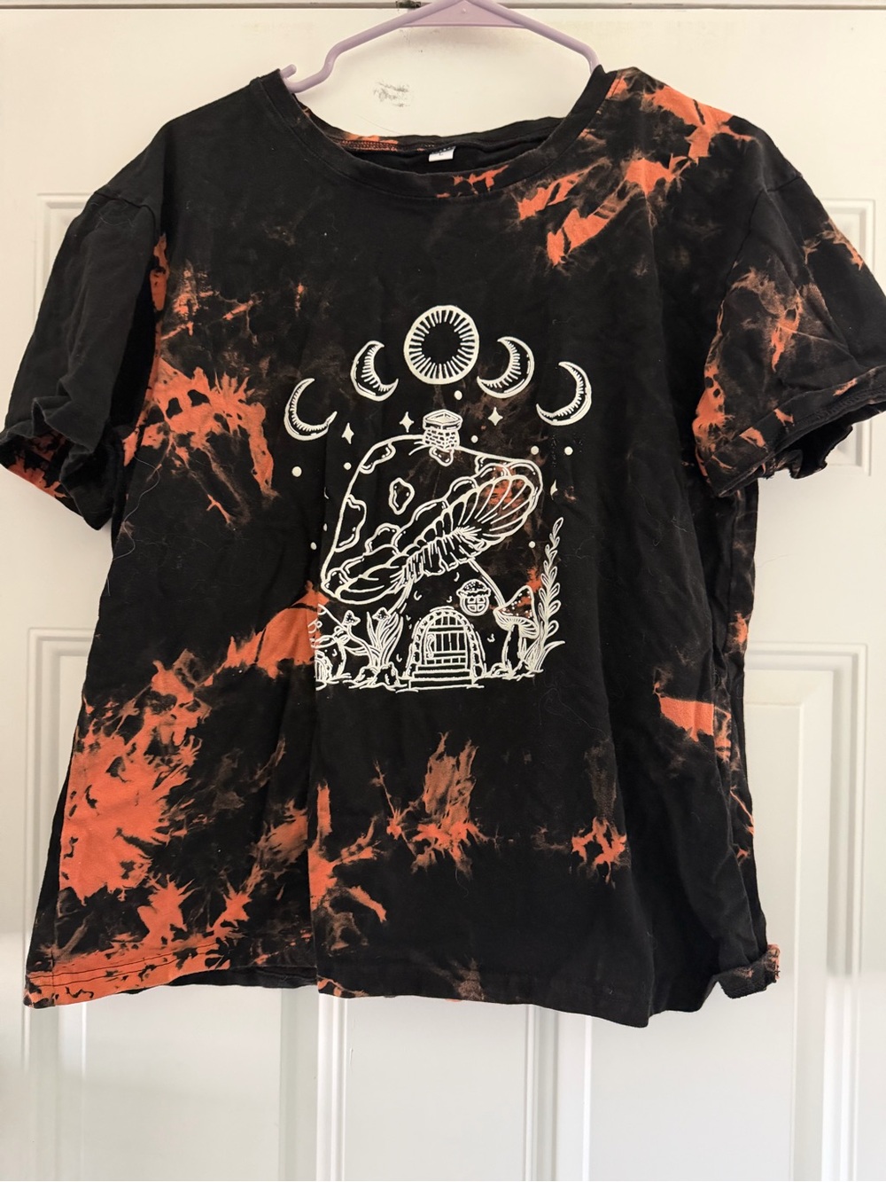 Tie-Dye Moon & Mushroom Graphic Tee - Black & Orange